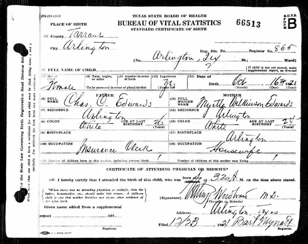 Charline Adele Edwards Birth Certificate