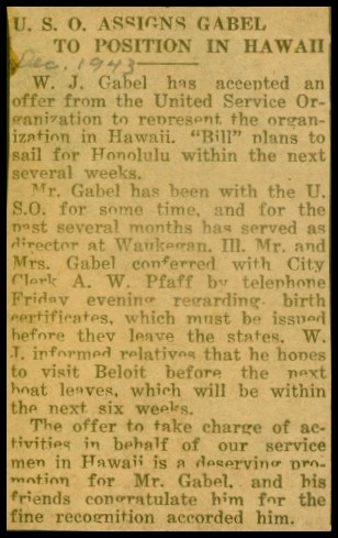 William John Gabel to Hawaii USO Dec 1942